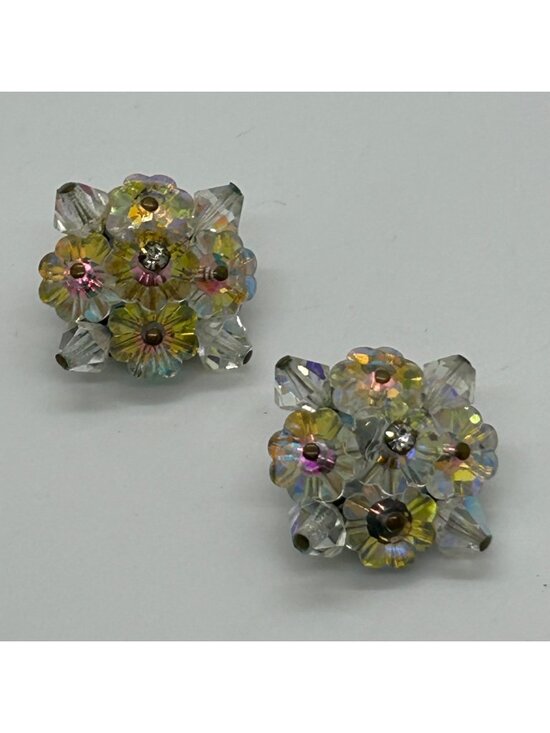 Estate Jewelry - Vtg 1950s Aurora Borealis AB Crystal Cluster Marguerite Flower Clip On Earrings